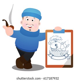 A fisherman with a large poster is a cartoon funny character.