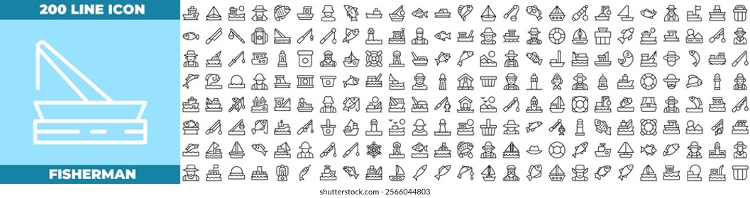 Fisherman Line Editable Icons set. Vector illustration in modern thin line style of fisherman icons: Camping, skeleton, fishing line, fisherman, sea, pond, catch, hook, float, etc