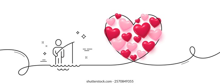 Fisherman line icon. Continuous line big heart. Fishing place sign. Fisher with rod symbol. 3d hearts in heart shaped loop. Fisherman single line ribbon. Loop curve pattern. Vector