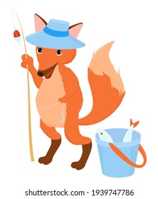 Fisherman little ginger fox with bucket isolated on white. Vector cartoon illustration of animal mascot in blue hat.