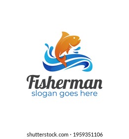 Fisherman Logos Of Fresh Fish With Water Waves Logo Concept For Selling Fish, Seafood, Fishing Logo