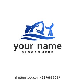 fisherman logos of fresh fish with water waves logo concept for selling fish, seafood, fishing logo