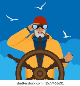Fisherman looking through binoculars standing at helm of boat