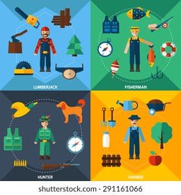 Fisherman lumberjack hunter and farmer with tools flat icons set isolated vector illustration