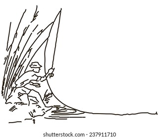 Fisherman makes casting gear from the shore. Vector illustration.