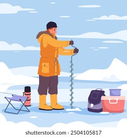 Fisherman making hole in ice of lake or river with drill gear, man drilling with fishers equipment to catch fish cartoon vector illustration. Winter fishing in frozen nature landscape with snow