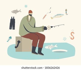 Fisherman Male Character Sitting on Box with Rod on Ice Floe Having Good Catch. Man Fishing on Lake or River at Winter Day. Relaxing Wintertime Hobby, Vacation, Leisure. Linear Vector Illustration
