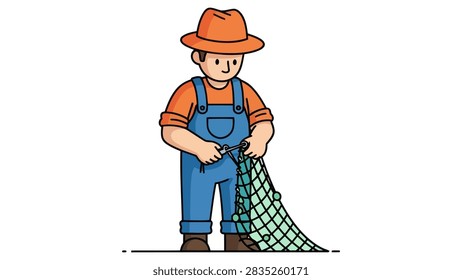 Fisherman Mending Net Vector Illustration