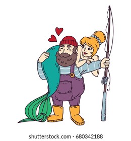 Fisherman with mermaid. Isolated objects on white background. Cartoon vector illustration.