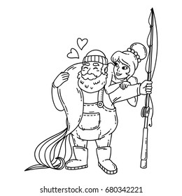 Fisherman with mermaid. Isolated objects on white background. Vector illustration. Coloring pages.