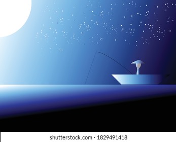 Fisherman in the moonlight .vector illustration