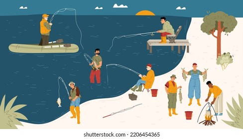 Fisherman at morning fishing, men with rod in boat and pier, cooking fresh-soup in cauldron. Male character recreational hobby, summertime activity, leisure Cartoon linear flat vector illustration