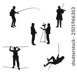 Fisherman, musician, violinist, journalist, tourist, climber, silhouettes of people, professions, hobbies