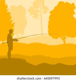 Fisherman near pond and trees vector landscape background with sunset