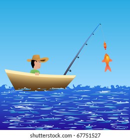 Fisherman negotiate with goldfish for three wishes
