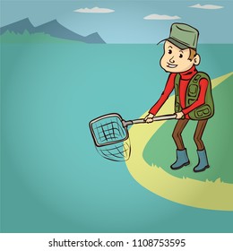 Fisherman with a net for fish. Hand drawn cartoon vector illustration.