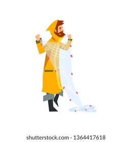 Fisherman with Net, Fishman Character in Raincoat and Rubber Boots Vector Illustration