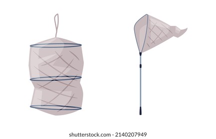 Fisherman Net with Mesh as Trap for Fish Vector Set