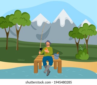 Fisherman on background of mountains and forest. Man sits on pier with fishing rod in his hands