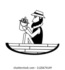 Fisherman on boat  in black and white