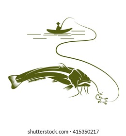 fisherman on boat and catfish vector design template