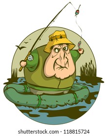 A fisherman on the boat caught a small fish in the river.