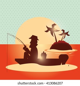 Fisherman on boat design. camp concept. sport illustration