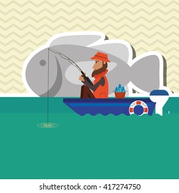 Fisherman on boat design. camp concept. sport illustration
