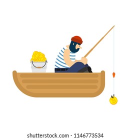 Fisherman on boat fishing bitcoin. Fishing rod and Mining Crypto currency. Vector illustration
