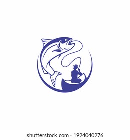 fisherman on boat got big fish logo illustration
