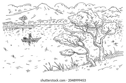 Fisherman on boat. Japan landscape with mountains, lake and trees. Vintage vector engraving black monochrome illustration. Isolated on white background. Hand drawn design ink