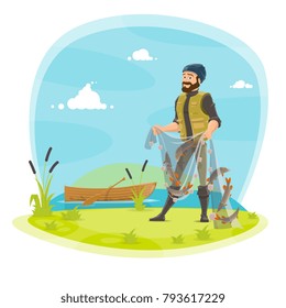 Fisherman on fishing with fish catch in net. Vector flat design of fisher man in rubber boots at lake or river and boat holding fish catch on rod and tackles with pike, crucian or trout