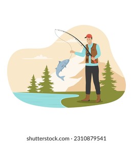 Fisherman on fishing illustration concept. Illustration for websites, landing pages, mobile apps, posters and banners. Trendy flat vector illustration