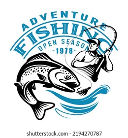 Fisherman On Fishing Trip Catches Big Fish On Spinning Rod. Sport Fishing, Outdoor Activities Emblem Print