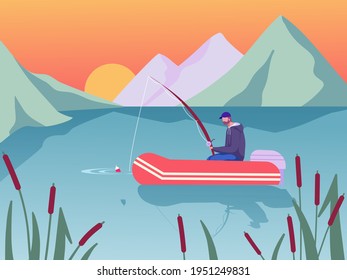 Fisherman on motorboat catching fish with rod on lake. Spending time outdoor, recreation, vacation. Mountains. Sunrise. Natural background. Colourful vector illustration. Cartoon style.