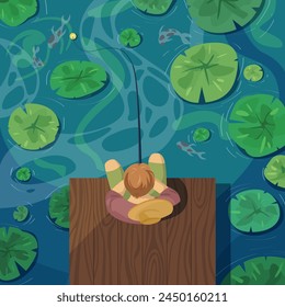 Fisherman on old wooden pier fishing in pond, top view. Man in hat sitting with fishing rod on shore of lake or river with water plants to catch carp fish or goldfish cartoon vector illustration