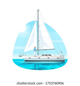 Fisherman on regatta semi flat vector illustration. Man fishing with rod on luxury ship. Person on boat. Private yacht for voyage. Summer recreation 2D cartoon characters for commercial use