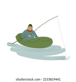 fisherman on a rubber boat catches fish with a bait. Cartoon vector isolated on white background