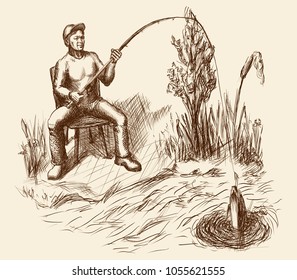 Fisherman on the shore with a fishing rod and fish