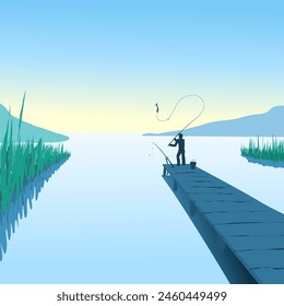 A fisherman on the shore of the lake caught a fish with a fishing rod, pulling it out of the water. Vector illustration Early morning on a large lake and a man catching a fish. on the sides of the