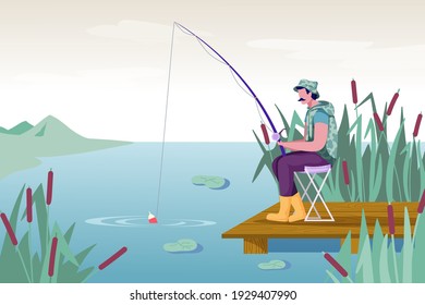 Fisherman on wharf catches fish with rod. Funny man in camouflage vest, panama and rubber boots on lake. Outdoor sport, recreation, vacation. Colourful vector illustration. Cartoon style. 