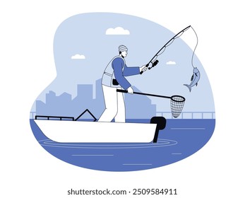 O pescador no iate captura o peixe e o coloca em rede de pesca, azul, estilo semitrilar, ilustração vetorial.