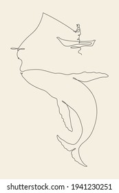 Fisherman outline. Man with fishing rod and whale. Continuous line