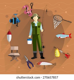 Fisherman in overalls with a fishing rod in his hands. Around him fishing tackle and accessories. Flat style icons