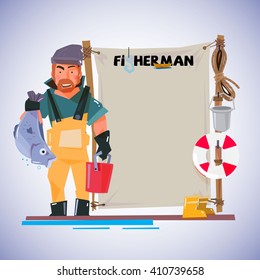 fisherman with paperboard to presenting. character design - vector illustration