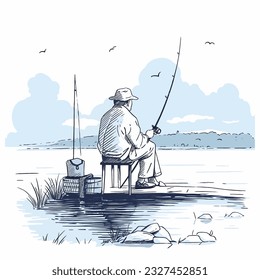 A fisherman patiently waiting by the serene lake, vector illustration