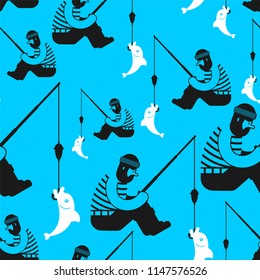 Fisherman pattern seamless. Fishing background. fishing rod . Vector ornament