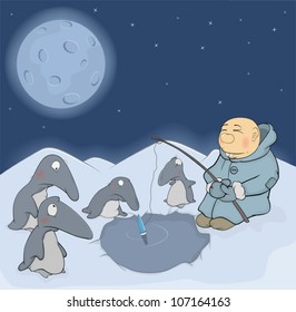 The fisherman and penguins. The Eskimo
