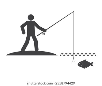 fisherman person with rod catching fish in sea waves icon