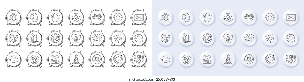 Fisherman, Plants watering and Safe water line icons. White pin 3d buttons, chat bubbles icons. Pack of Walnut, Christmas tree, Cold-pressed oil icon. Strawberry, Hazelnut, Photo pictogram. Vector